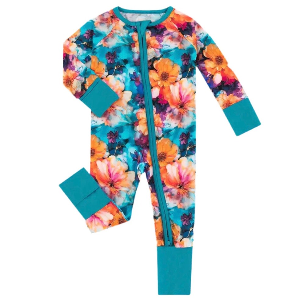 Bamboo Floral Sleeper Baby 6-12M Teal‎ Pink Zip Footie Excellent Romper